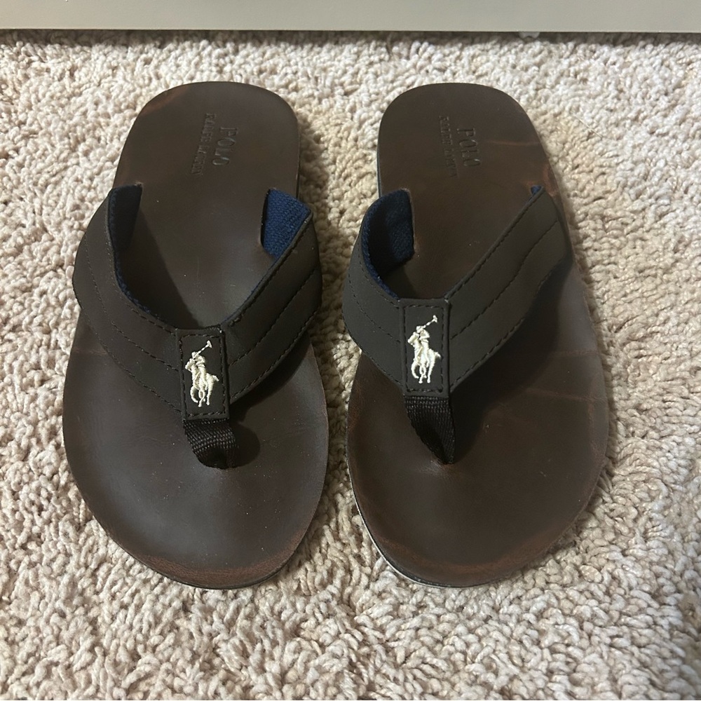 Polo Ralph Lauren Chocolate Brown Leo Flip Flops Boys Size 2